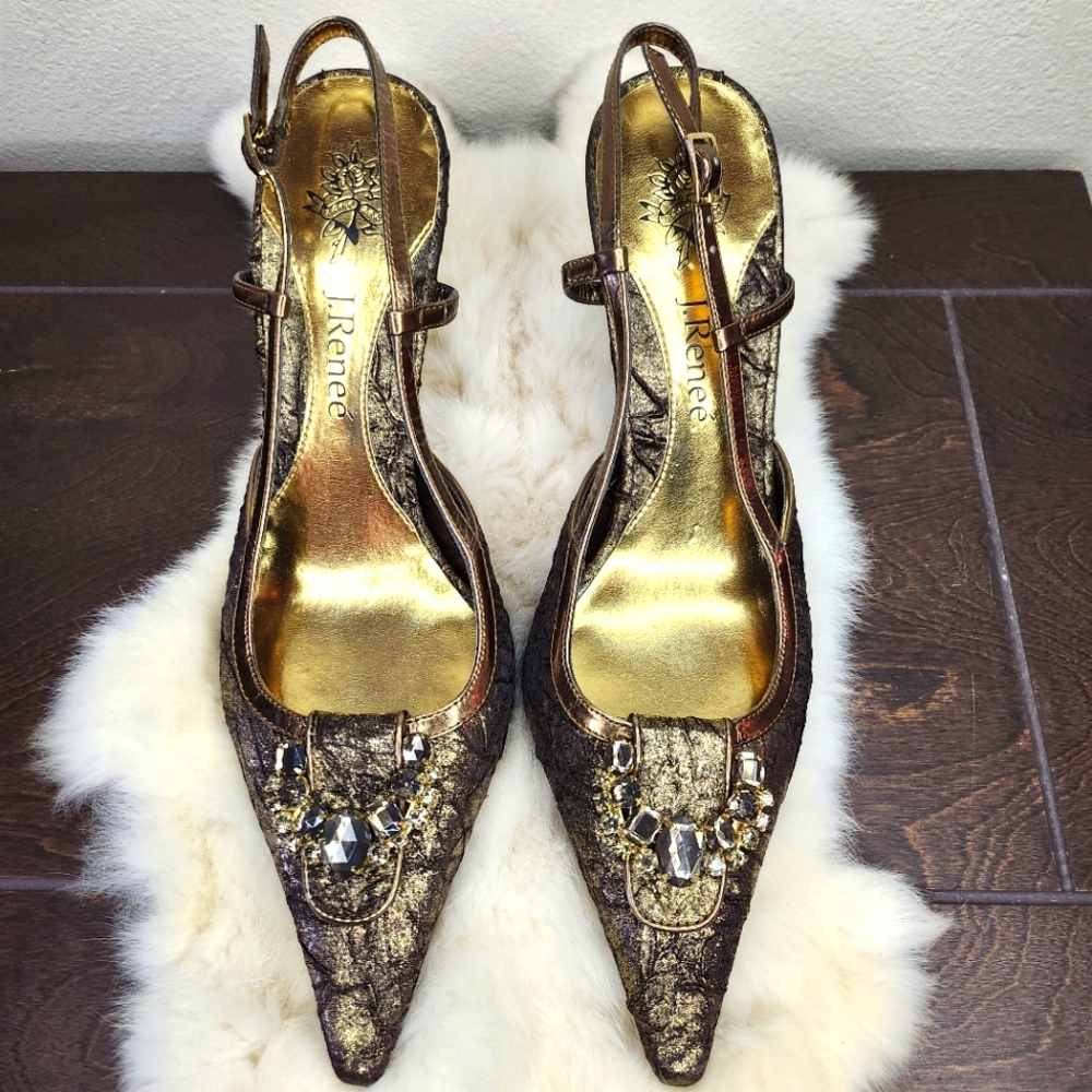 J.Renee Shoes, size 9 pump. Sling back buckle strap, Bronze w/faux jewel detail.
